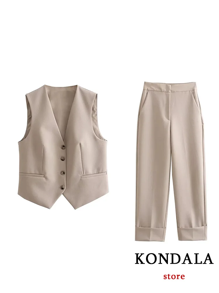 KONDALA Vintage Office Lady Women Suit V-Neck Single Breasted Vest Blazer+Solid Straight Loose Pants Fashion 2023 Autumn Sets