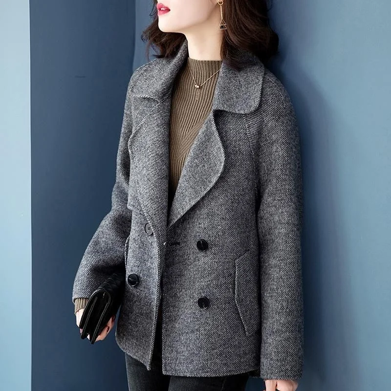 2024 Twill Woolen Coat Suit Jacket Women Double-breasted Blazers Autumn Winter Loose Short Coats Female Casual Tops Gray Outwear