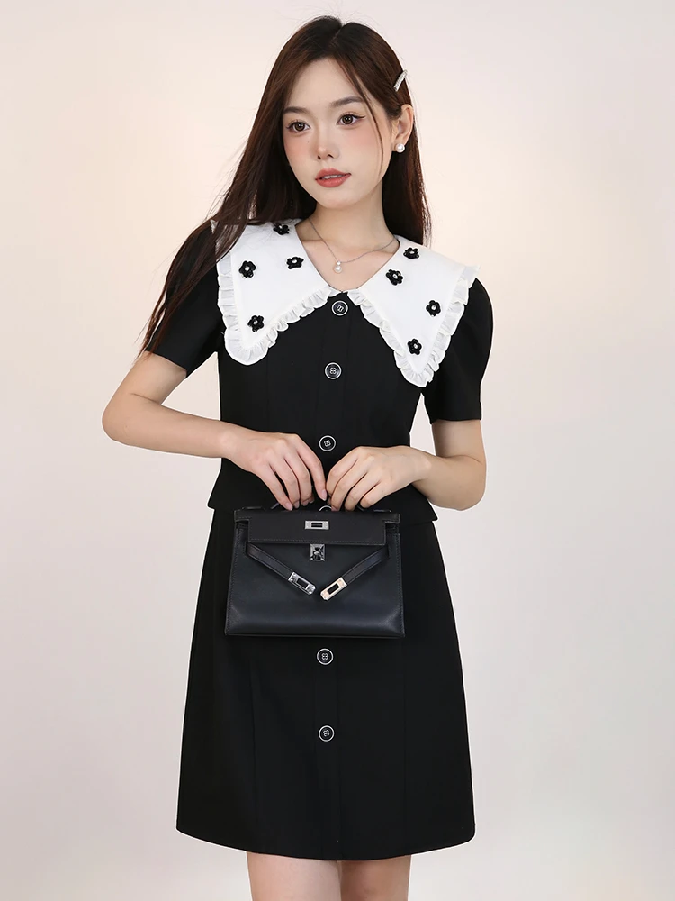 French Handmade Beaded Flower bigLapel Puff Sleeve Single-Breasted Pocket High Waist A-line Slim Fit Black Dress Women Summer