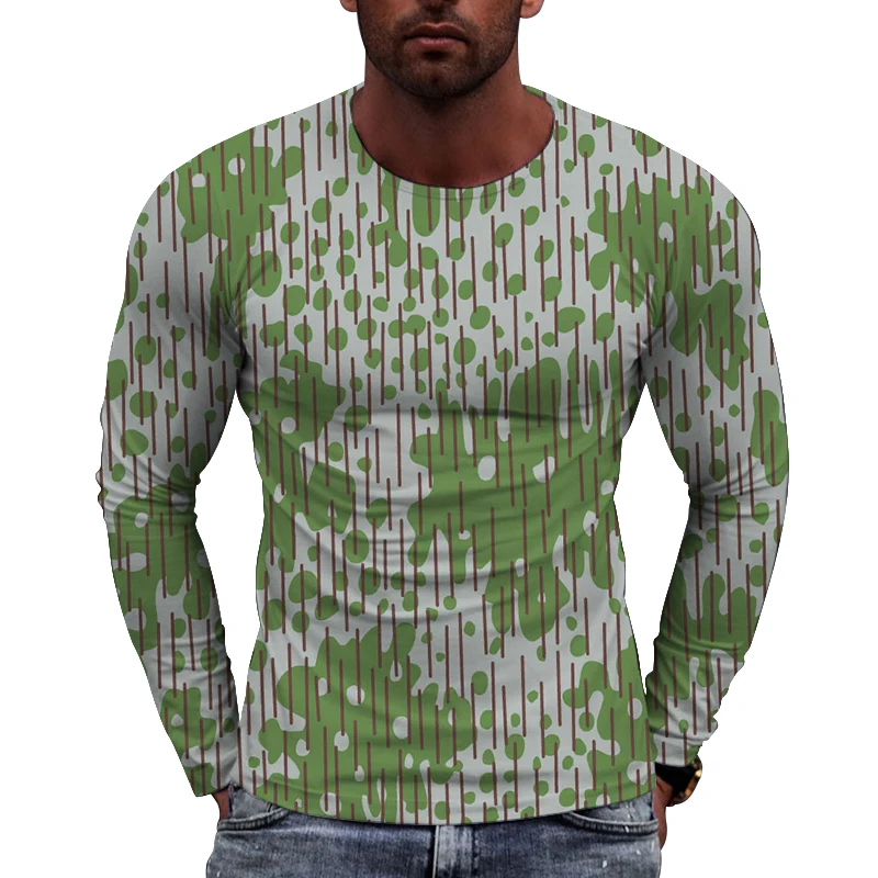 New Camouflage Printed European Size long Sleeved T-shirt For Men\'s Casual Autumn Trend Top Round Neck Tees