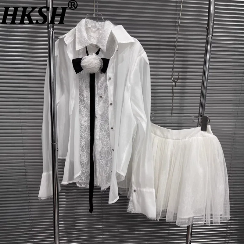 

HKSH Women Set Turn-down Collar Long Sleeves Patchwork Embroidery Shirt Versatile Pleated Short Skirts New Spring Summer HK20143