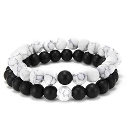2Pcs/Set Couple Distance Black White Natural Lava Stone Tiger Eye Beaded Yoga Bracelets for Men Women Elastic Rope Jewelry Gifts