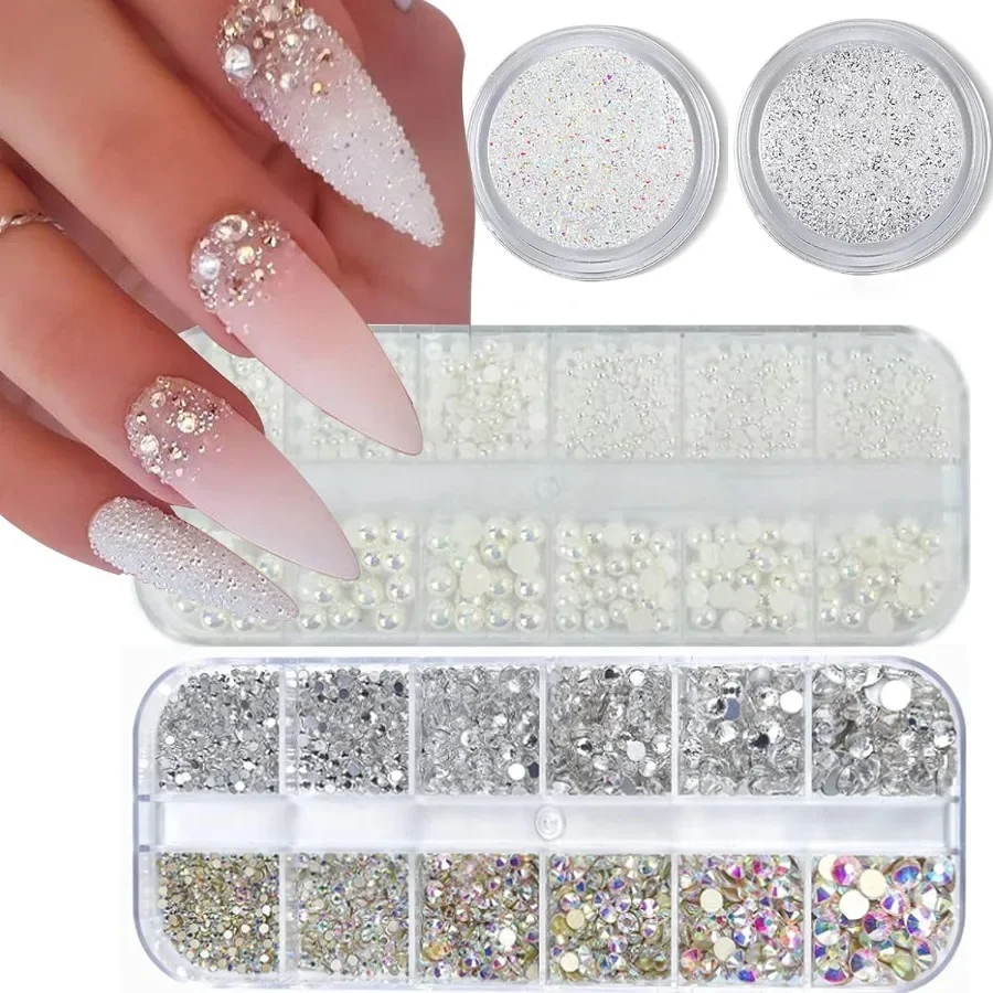 

4 Boxes Flatback Rhinestones and Pearls Nail Charms for Acrylics Crystals Half Rounds and Accessories for DIY Nail Art Decor in