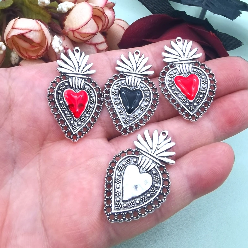 4pcs Large Enamel Milagro Ex Voto Heart Charms,Sacred Heart, Religious,DIY Charms Christian Necklace Earring Jewelry Accessories