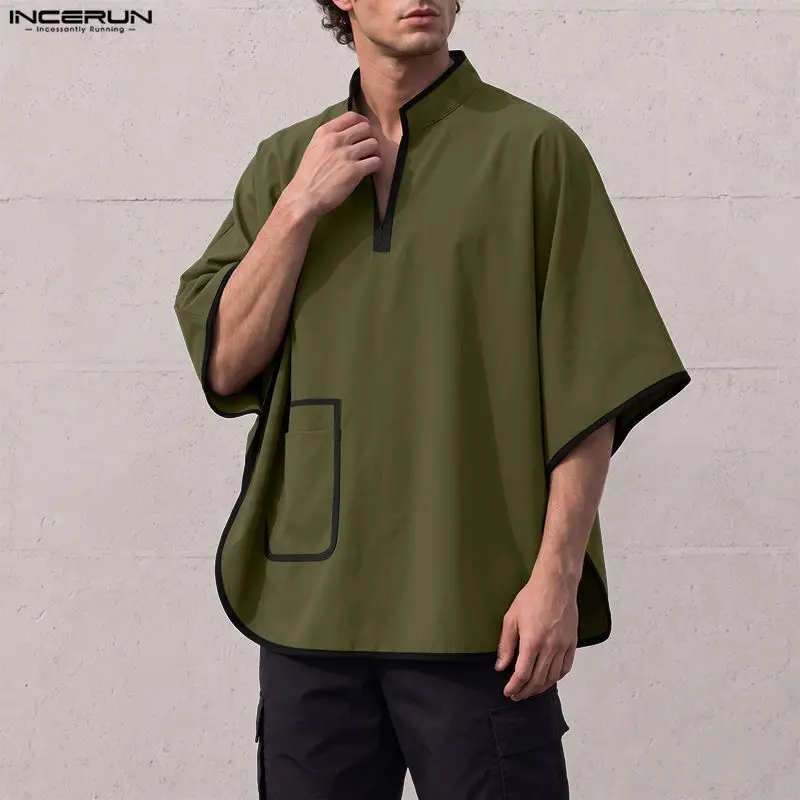 INCERUN Men's Shirt Patchwork Cloak Ponchos V Neck Loose Casual Men Clothes Streetwear Oversize 2026 Vintage Cape Tops For Man