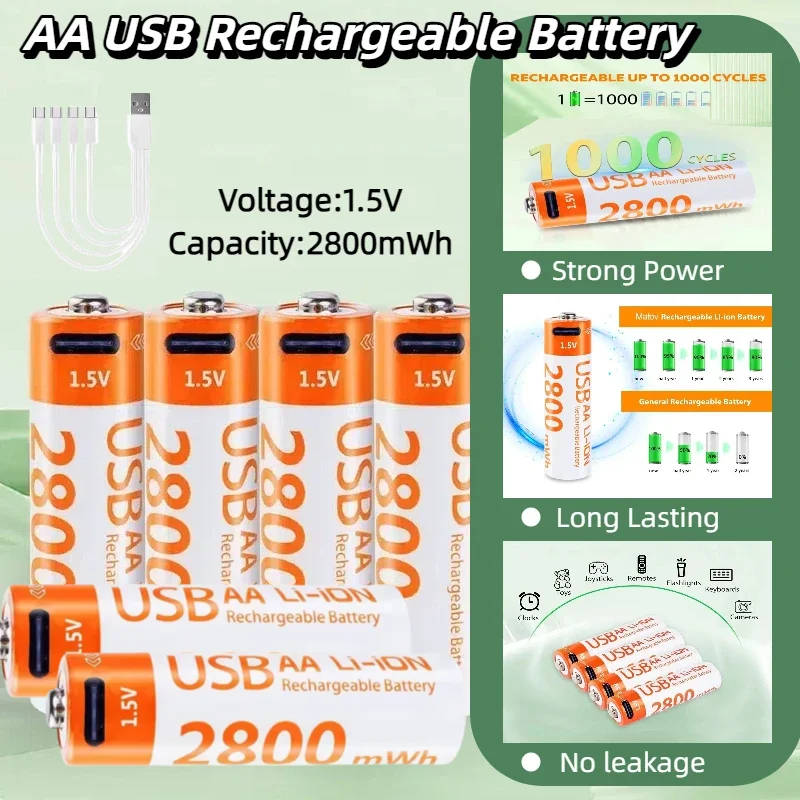 

1.5V 2800mWh AA Rechargeable Battery USB Type-C Li-ion Batteries for Remote Control/Electric Toys/Mouse/Keyboard