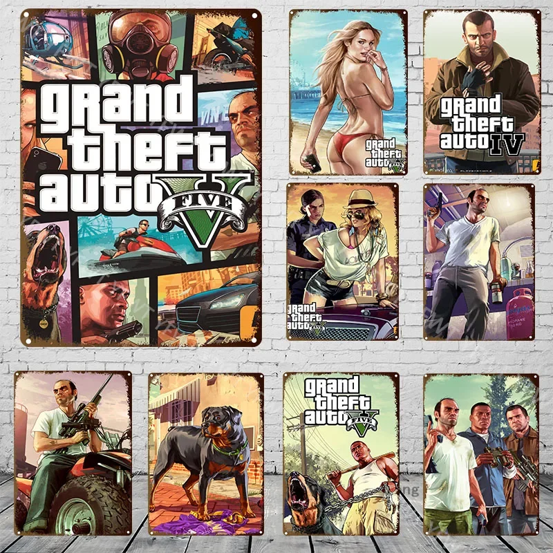 Gta 5 Game Poster Shabby Vintage Metal Tin Sign Wall Decor For Garage Bar Game Room Signs Decoration Tin Plate Painting Plaques