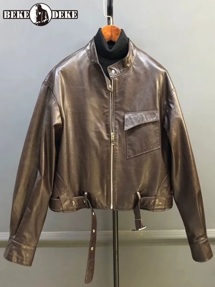 Veste en cuir véritable pour femme, Style rétro, couleur unie, qualité supérieure, ample, en peau de mouton, poche, fermeture éclair, ceintures, manches longues, vêtements d'extérieur