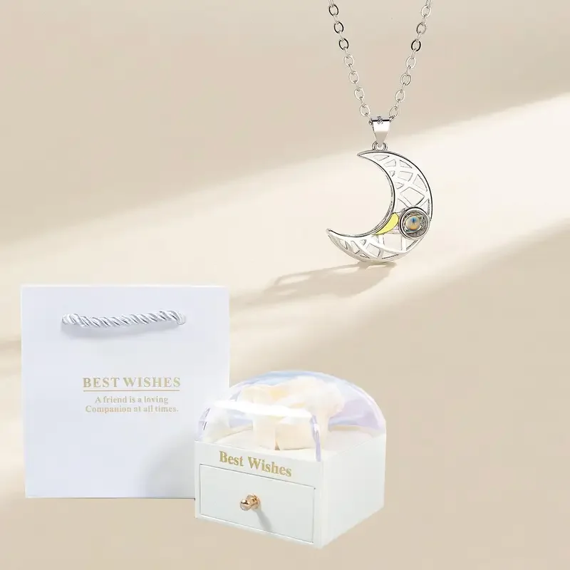 Customized Color Photo Projection Moon And Sun Necklaces With Rose Flower Gift Box Romantic Jewelry Family Birthday Wedding