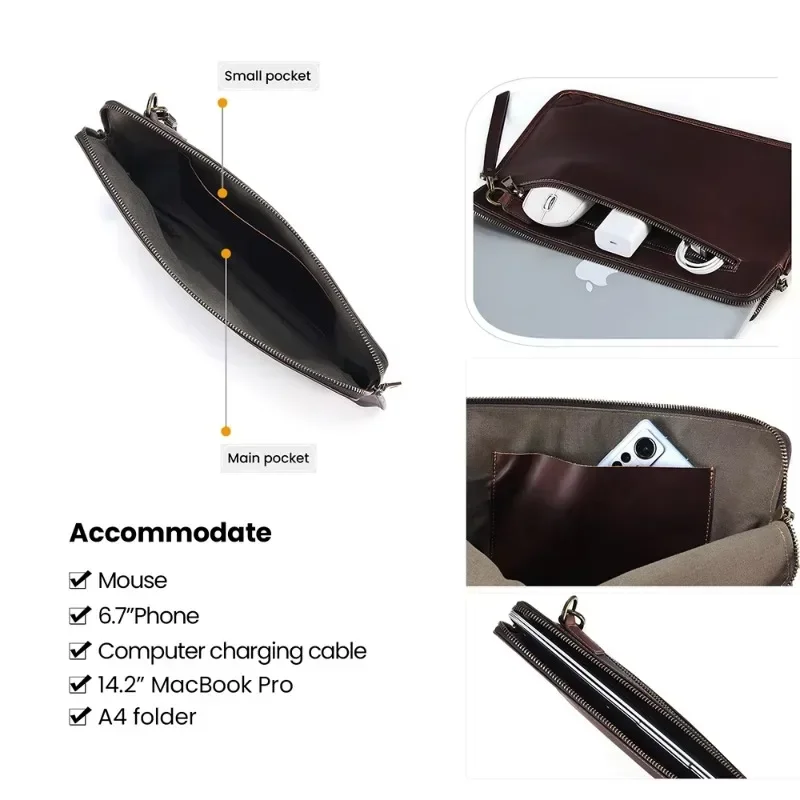 Ręcznie robiona męska torba Cluth ze skóry bydlęcej z opaską na nadgarstek i pokrowcem na laptopa z prawdziwej skóry, odpowiednia do laptopów 14,2 cala