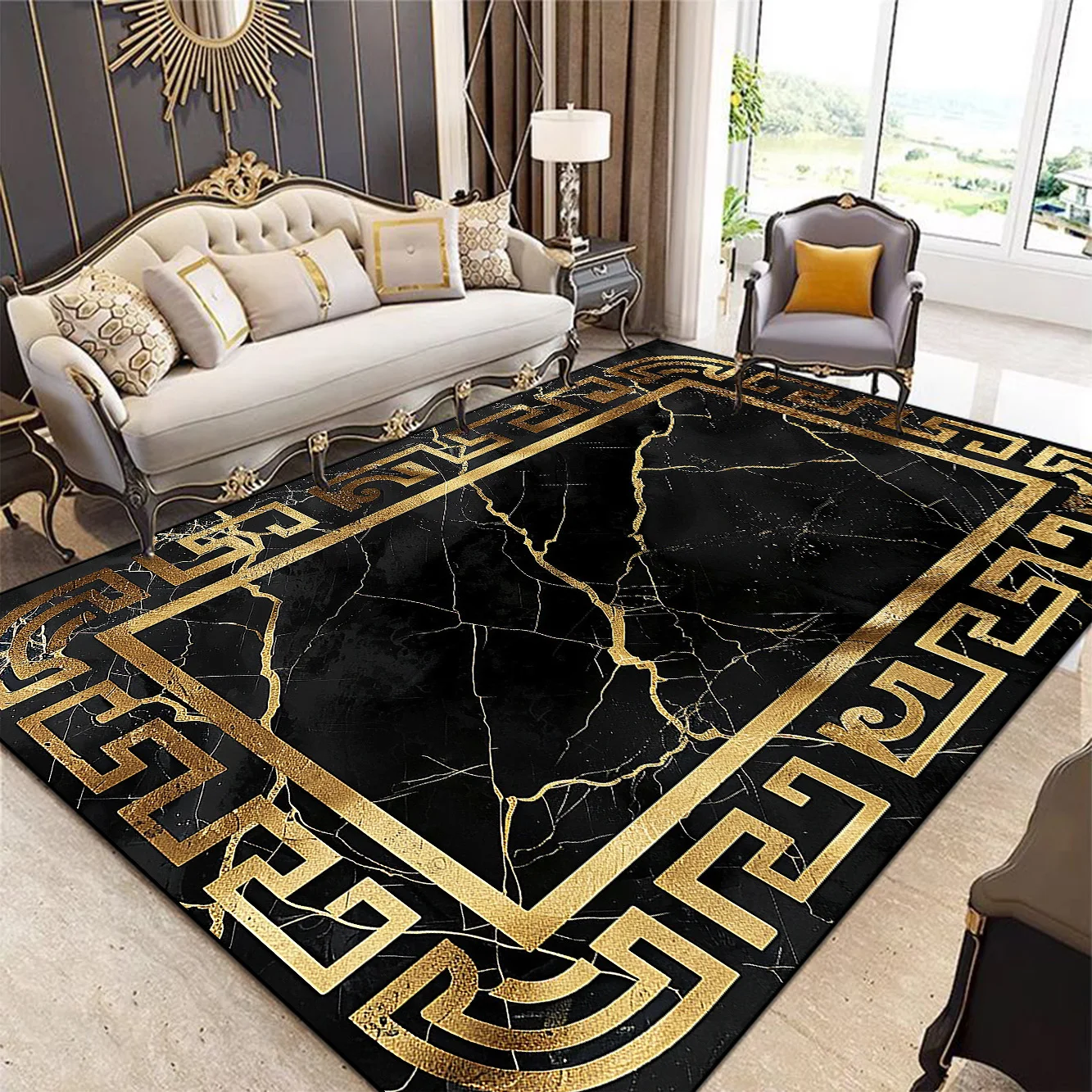 

European Home Decoration Luxury Carpets for Living Room Black Golden Border Parlor Coffee Tables Mat Large Soft Rugs for Bedroom