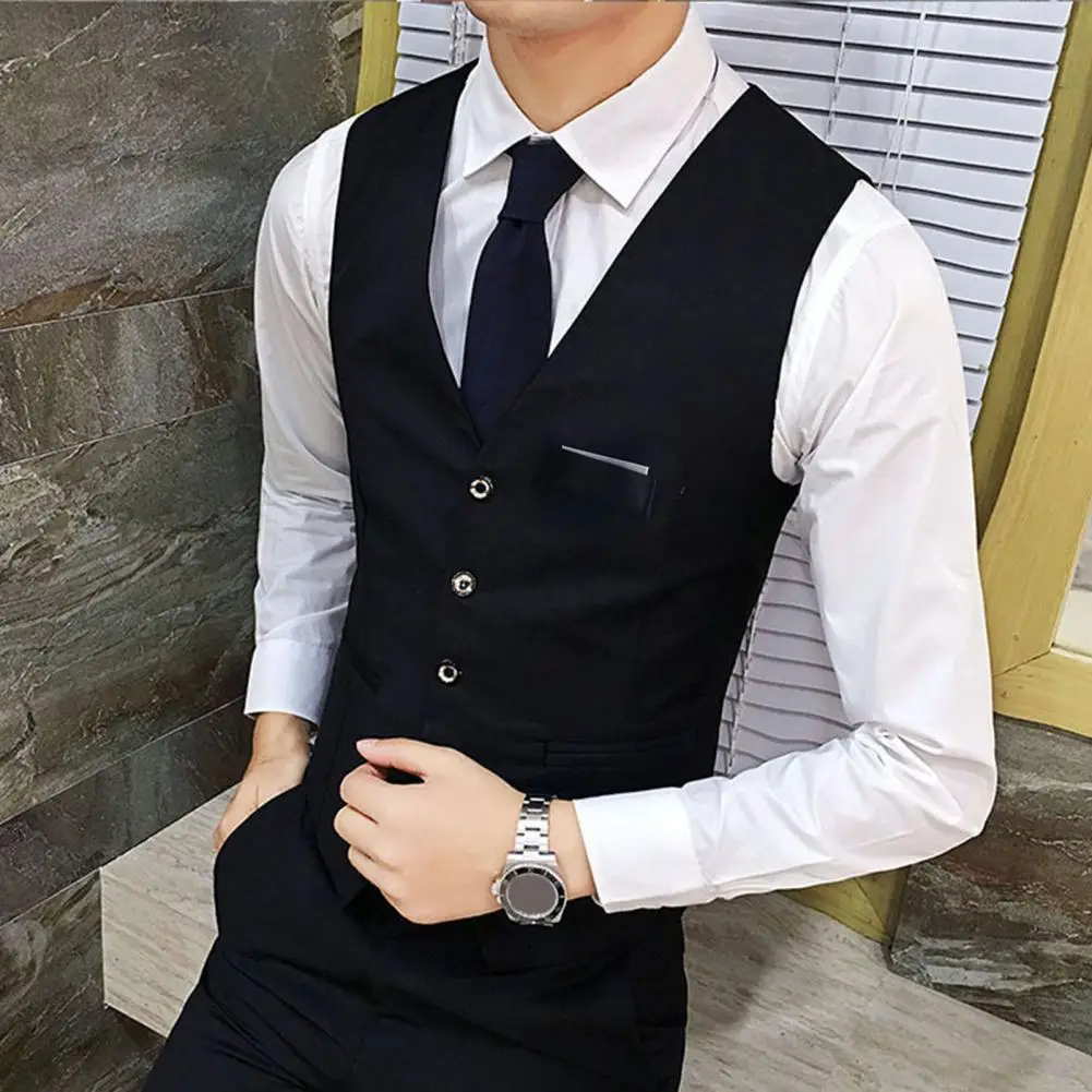 Men Vest Solid Color Single breasted V Neck Waistcoat Formal Cardigan Work Gentle Business Trip Wedding Groom Waistcoat