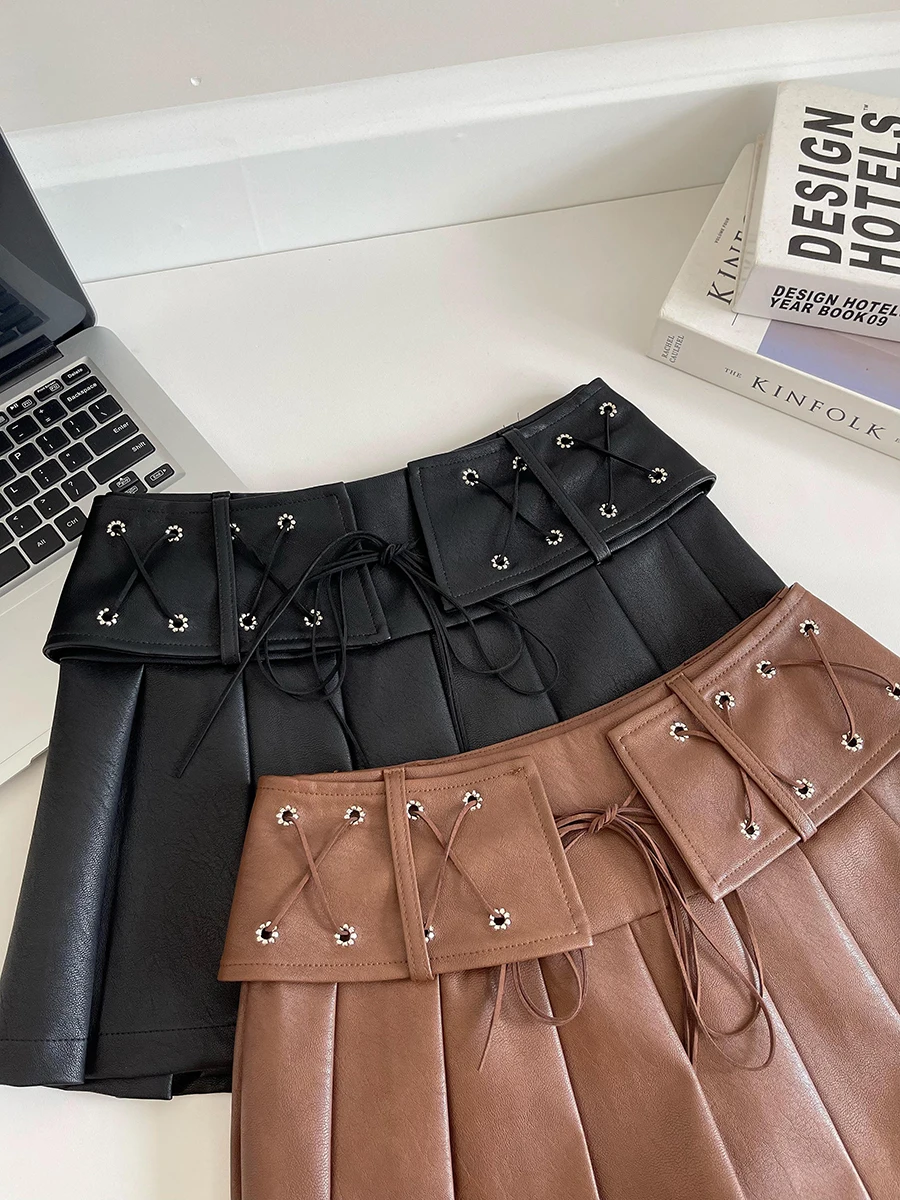 Women's Brown A-line Leather Skirt Vintage Aesthetic Y2k Mini Pleated Skirt Harajuku Korean Skirt 2000s Fashion Clothes Summer