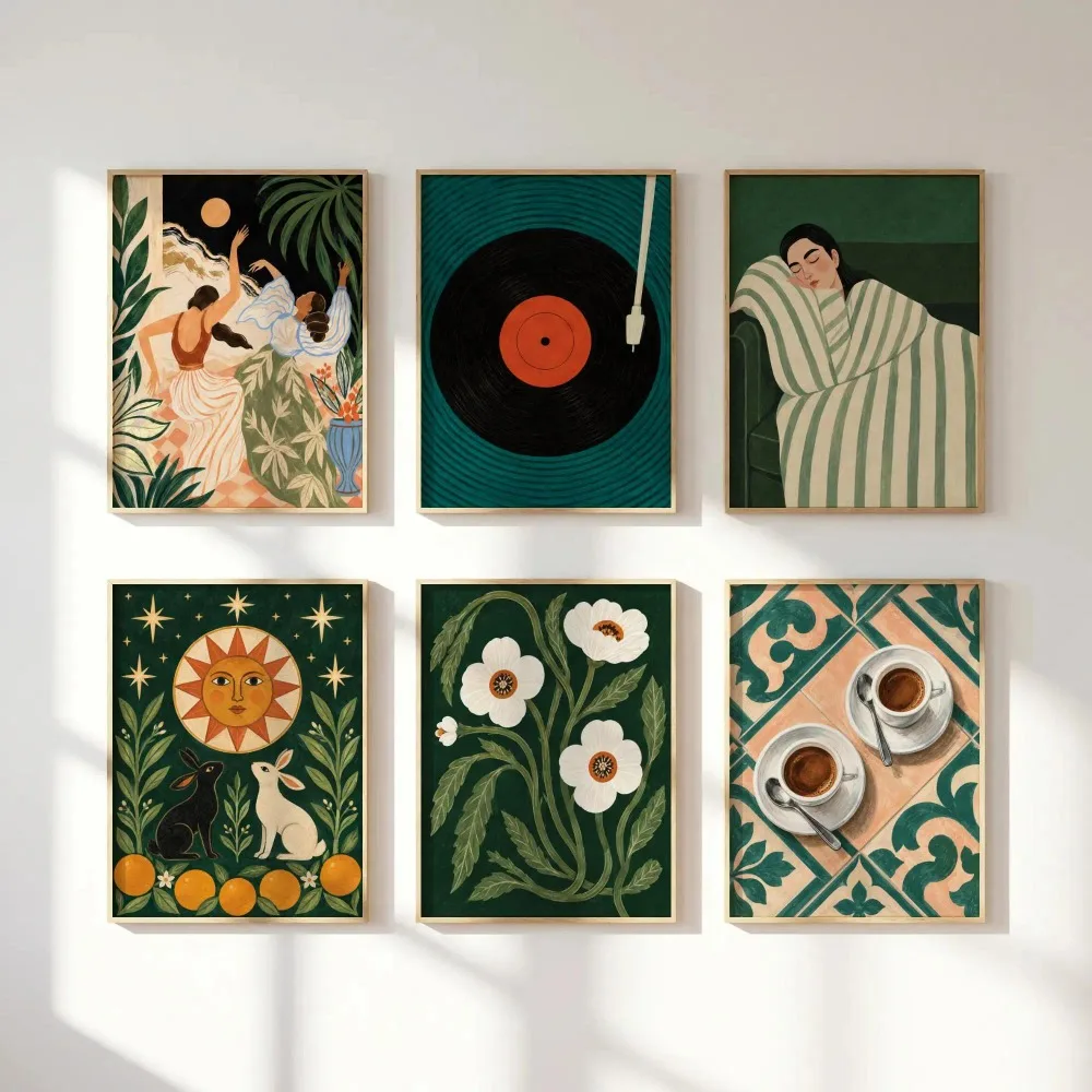 Frameless Eclectic Gallery Wall,Vinyl Record Art, Coffee Poster,Sleeping Woman,Folk Flowers and Plants Living Room Wall Decor