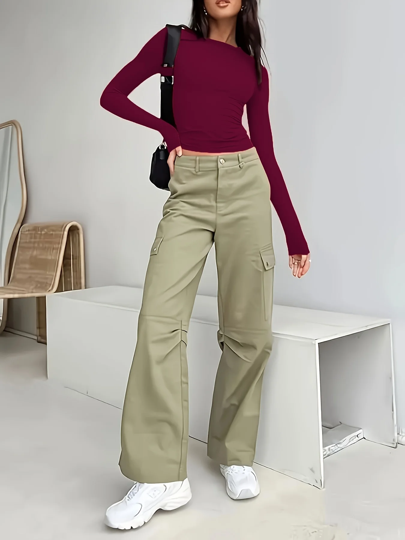 Damen-T-Shirt für Pendlerinnen, lässig, schlicht und modisch, einfarbig, mit langen Ärmeln – Detail 6