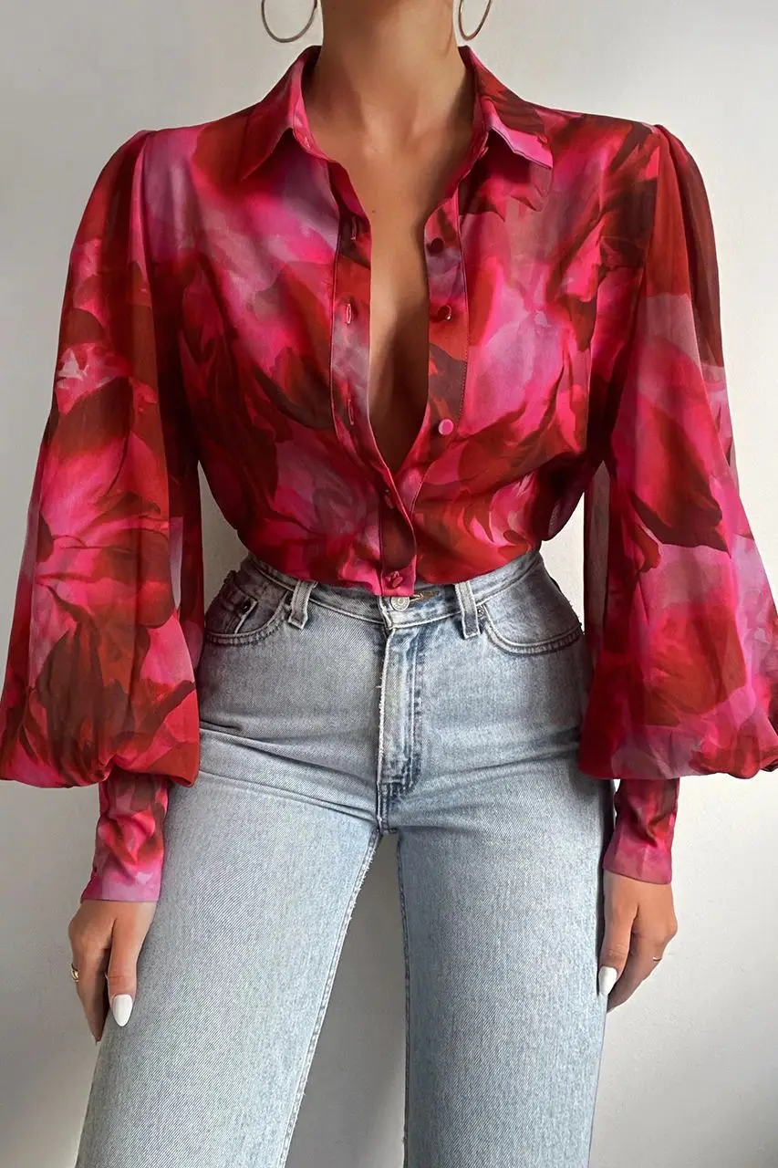 Vintage Floral Print Blouse Women Turn-down Collar Lantern Sleeve Shirt Elegant Boho Beach Streetwear Summer Outfits Female Tops