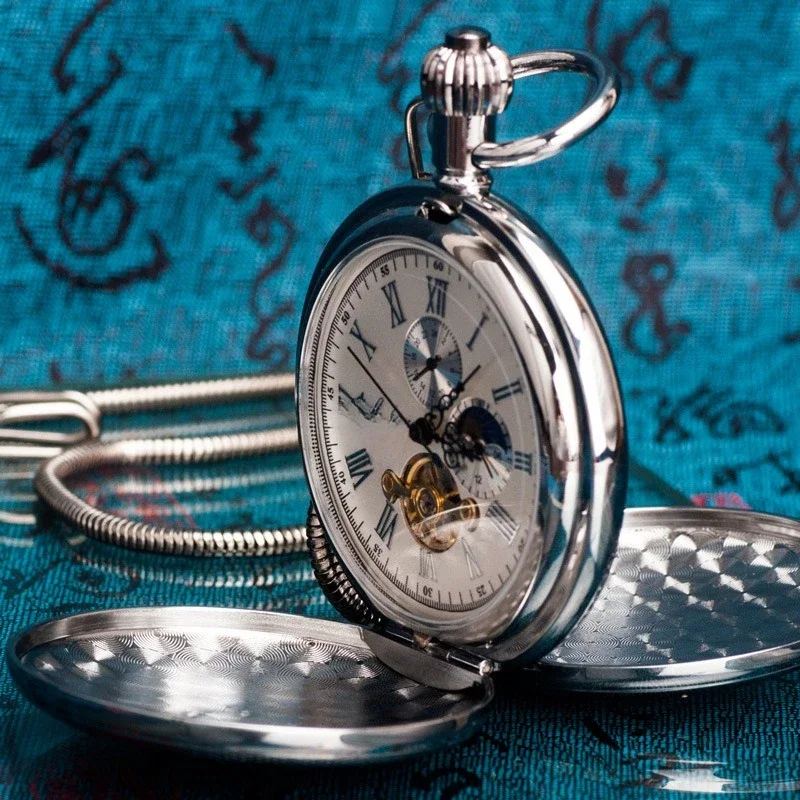 ساعة جيب مزدوجة مفتوحة من النحاس النقي، ميكانيكية كلاسيكية يدوية للرجال، حروف تذكارية لصور القرون الوسطى #2