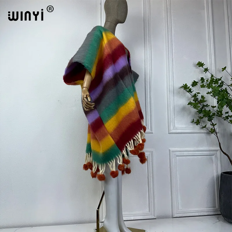 WINYI Winter stripe color cloak High Quality poncho Long Loose OverCoat Thick Warm Female coat for women Hanging ball cardigan