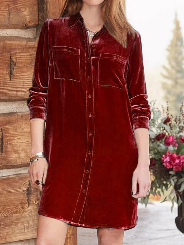 Abito corto vintage color unita deserto Abito casual monopetto a maniche lunghe a trapezio Abito camicia in velluto con colletto bavero da donna