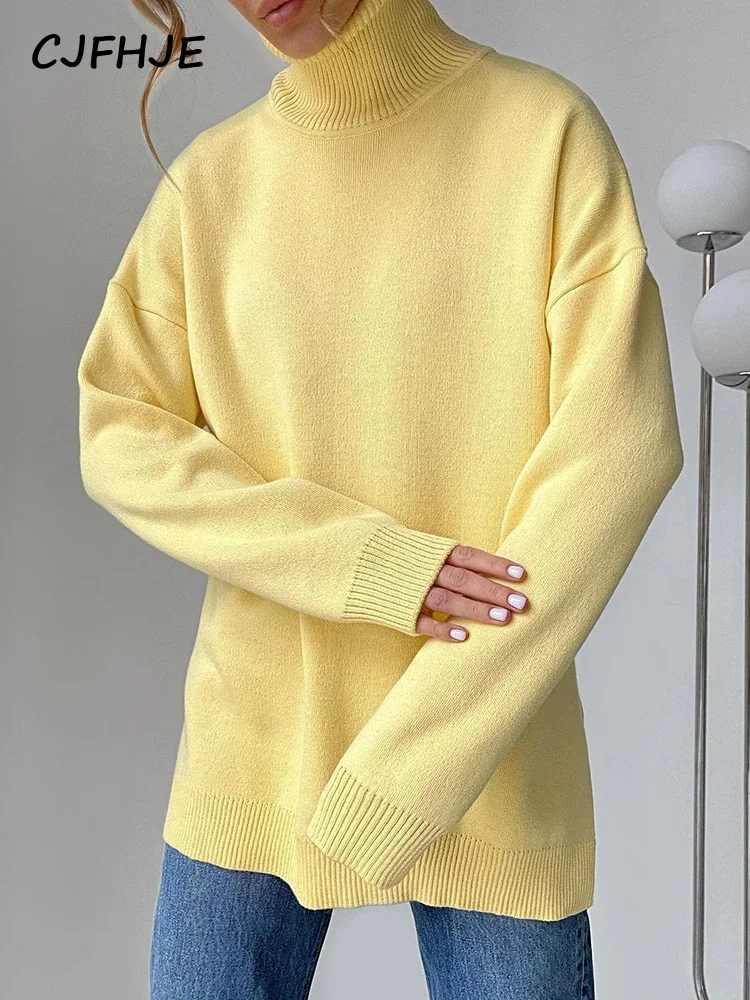 CJFHJE Orange Loose Turtleneck Knitted Sweaters Women American Style Solid Color Sweater Autumn Winter Yellow Casual Pullovers