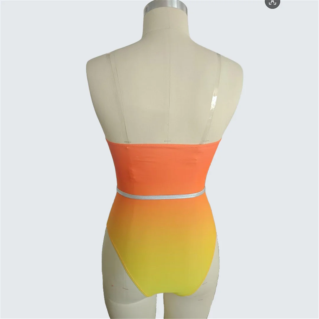 S - XXL Bandeau-Badeanzug mit Farbverlauf und Gürtel, einteiliger Badeanzug für Damen, Monokini mit hohem Beinausschnitt, Badebekleidung, Badeanzug, Modell V7511. – Detail 11