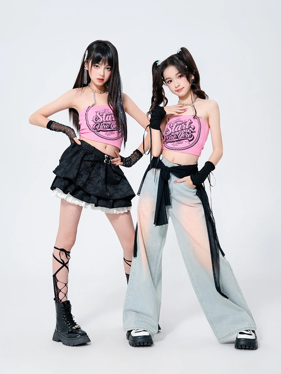 Costumes de danse Hip Hop pour enfants, 2025, pour filles, gilet rose, jean, tenues Kpop, vêtements de spectacle Jazz pour enfants, DQS19775
