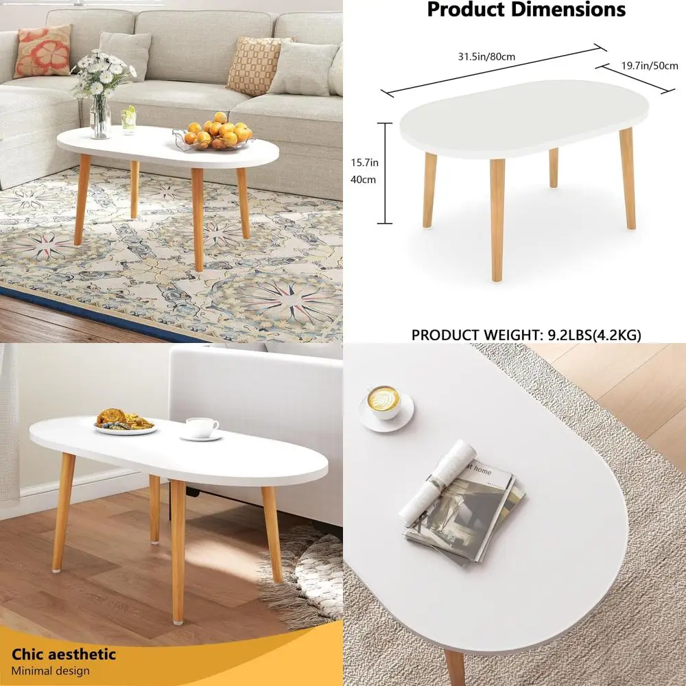 

White Oval Coffee Table with 4 Solid Wood Legs, Suitable for Floor Seating and Storage in Living Rooms