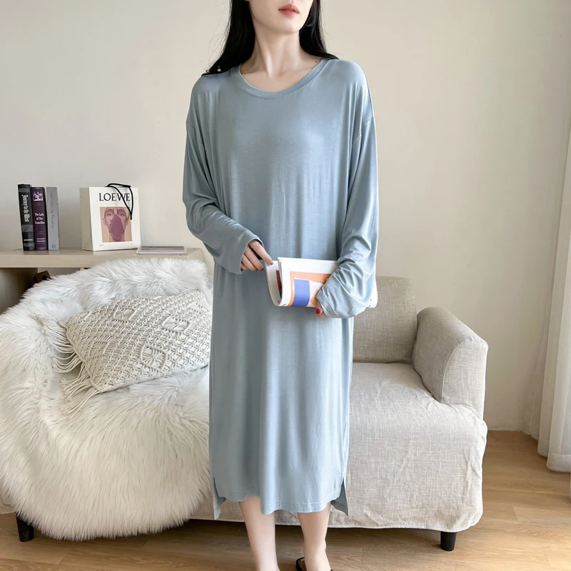 Autumn Round Neck Cotton Nightdress Women\'s  loose Large Size Home Service Solid Color Long Skirt Bottoming Spring