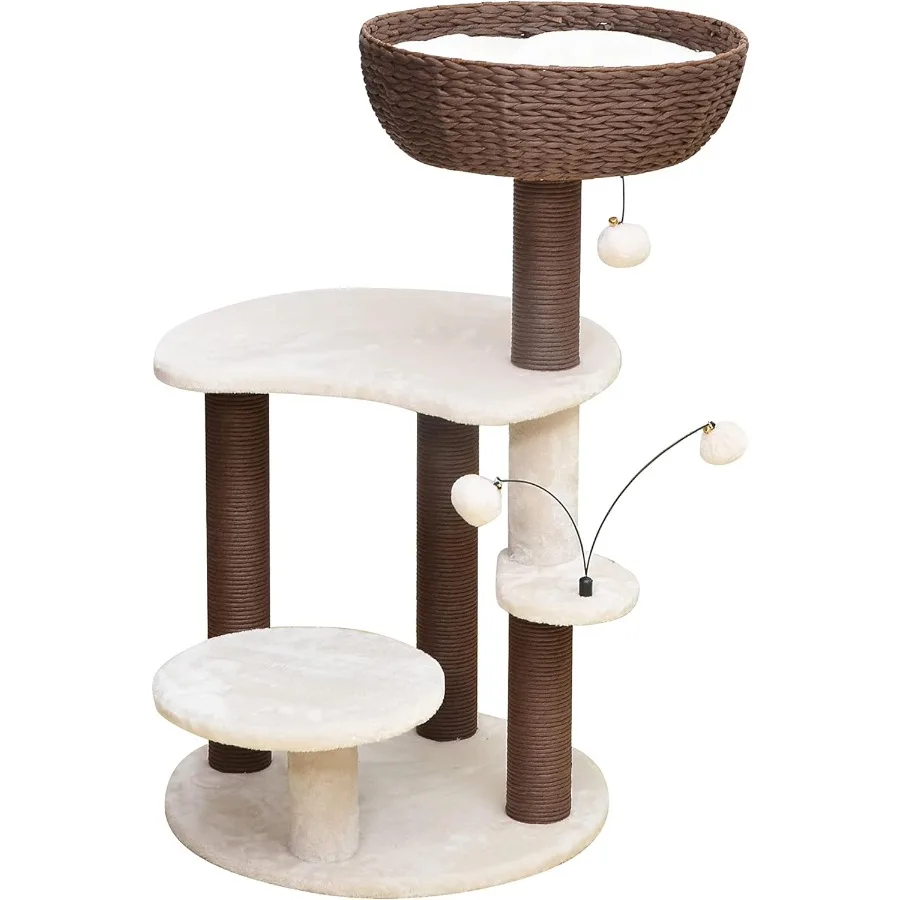 5-Level 35 Cat Tree Tower with Paper Handwoven Basket Bed for Multi-Level Climbing and Activity Featuring Replaceable Paper Rop