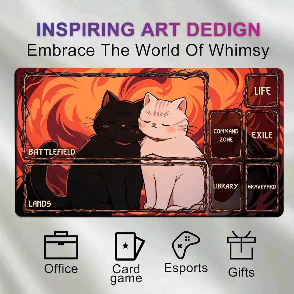 TCG Playmat Cuddling Couple Cats MTG Zoned Flame Background Cute Cartoon Battlefield Library Graveyard Premium Rubber Large Desk