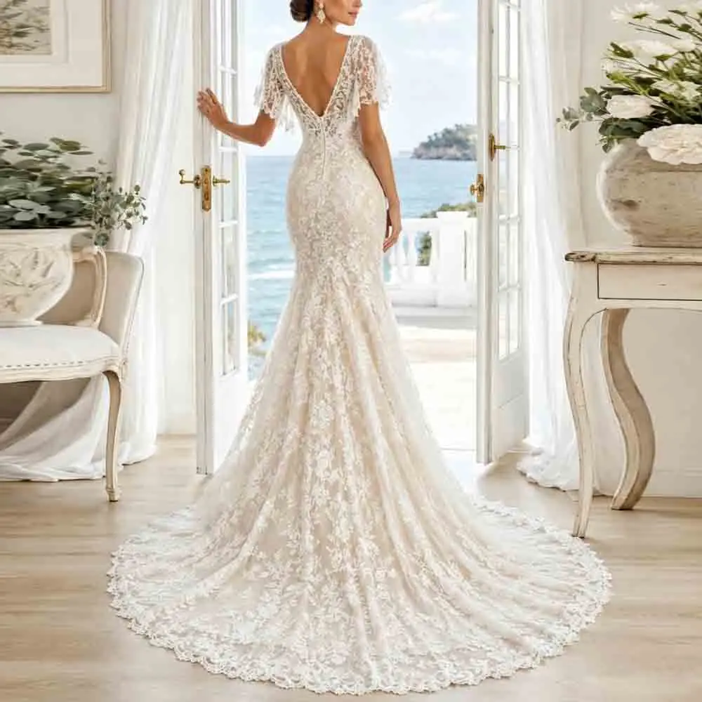 Customized Mermaid Lace Wedding Dress V Neck Flutter Short Sleeves Bridal Gown Sweep Train Fishtail vestidos de novia