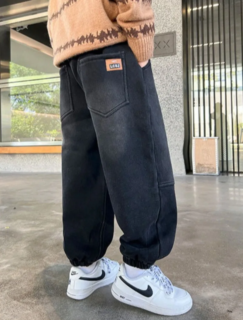 2025 Autumn Winter New Boys' Fleece-Lined Jeans - Thickened One-Piece Design Black Cuffed Ankle Winter Jeans for Toddler Boys