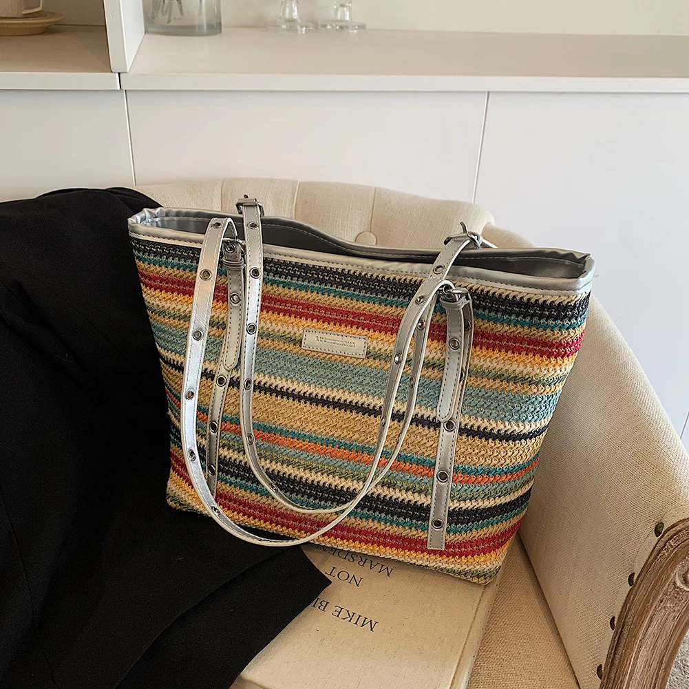 Women Color Boho Shoulder Bag Large Capacity Crochet Beach Handbag Patchwork Simple Shoulder Bag Ladies  Daily Bag