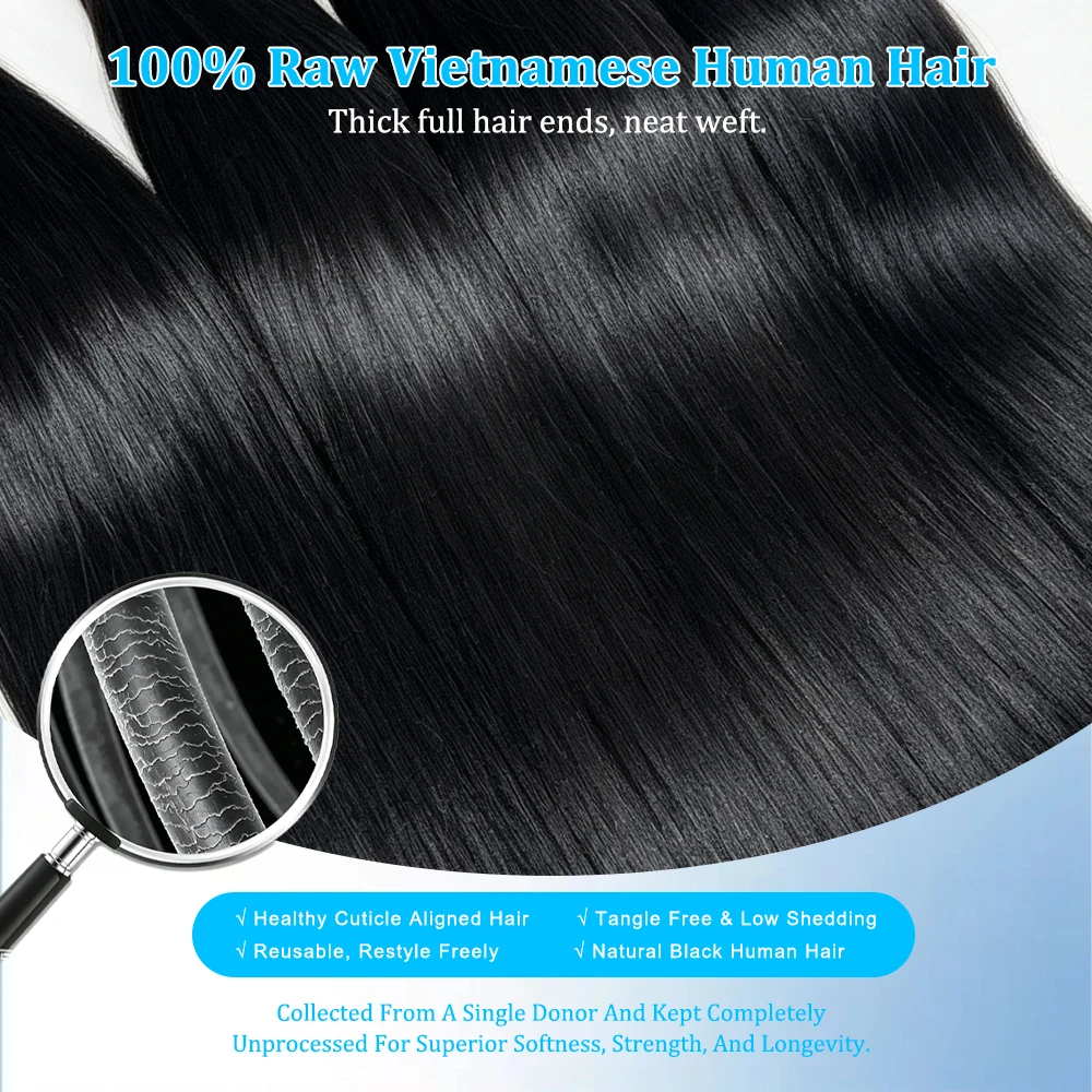Vietnamese Bone Straight Bundles 100% Unprocessed Raw Hair Extensions Vietnamese Virgin Human Hair Weave 14 18 20 22 24 Inches Zero Flyaways Silky Smooth Thick & Full Hair Weave Bundles Best Quality Hot Sale Deals.