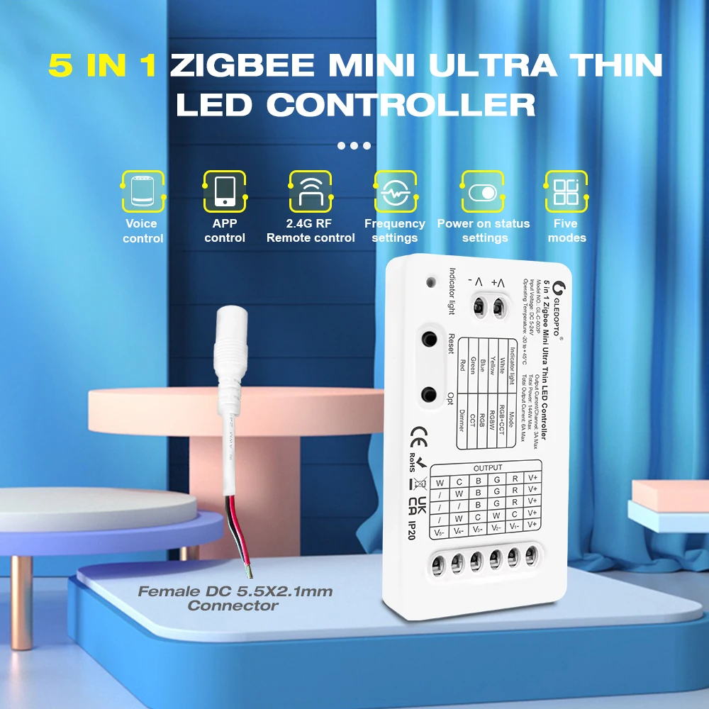 Gledopto Smart DC5-24V Pro Mini 5 in 1 Super Thin Zigbee RGBCCT/RGBW/RGB/WWCW/Dimmer LED Controller APP/Voice/RF Remote Control