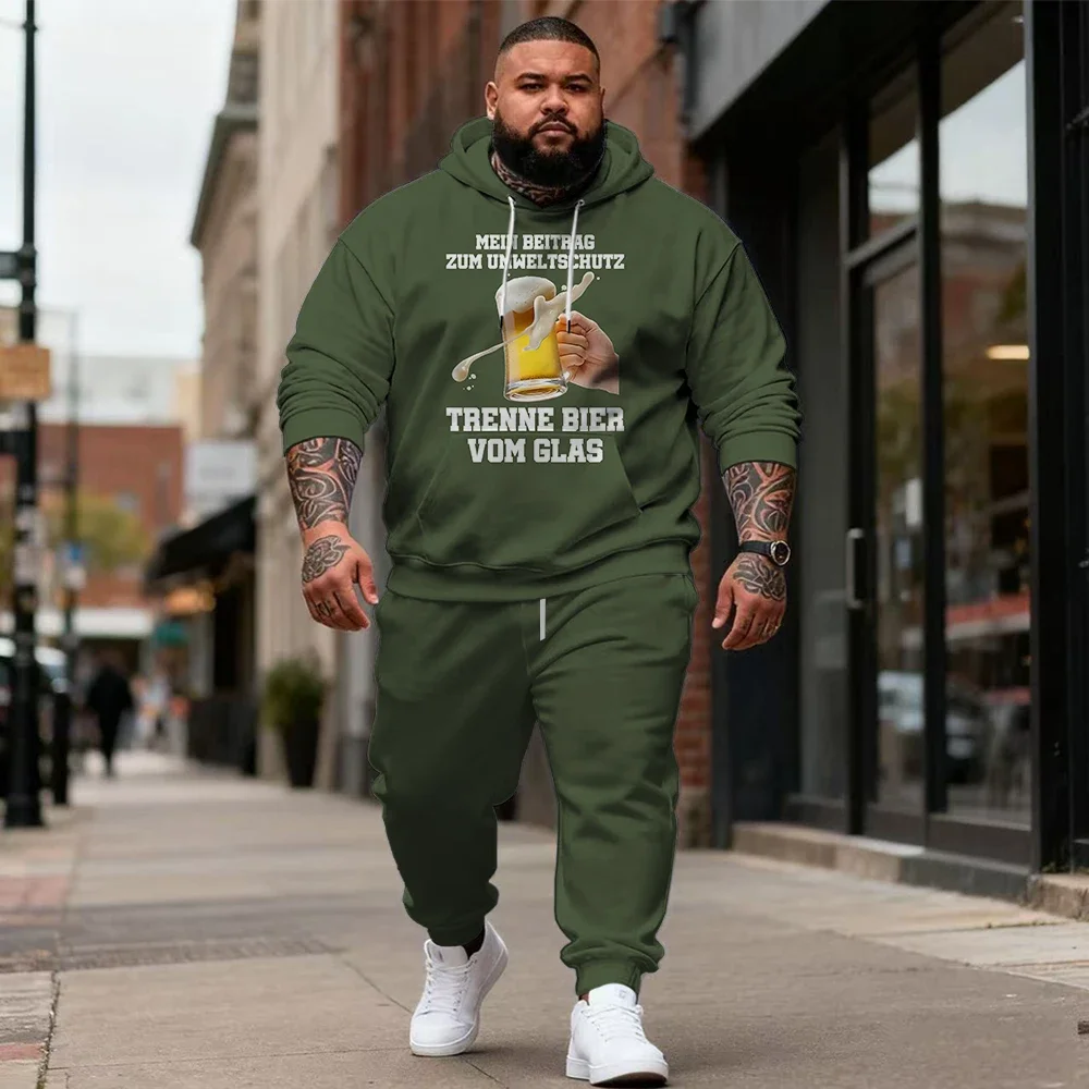 Men's Plus Size Hoodie and Joggers Set, Foamy Beer Glass Print with a German Environmental Joke, Olive Top and Plain Pants S-9XL
