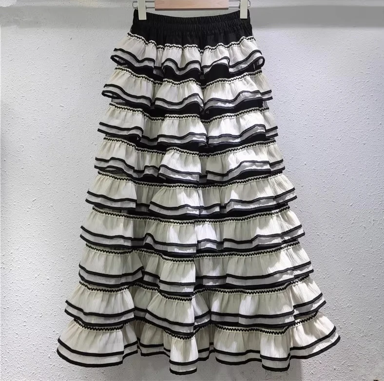 Jupe gâteau français en gaze de couleurs contrastées, douce, mode, taille haute, ligne a, polyvalente, ample, rayée, longue, printemps été