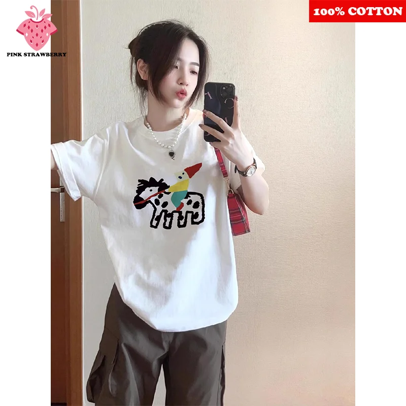 

Cartoon Graffiti Zebra Print T-shirt Women Summer 2025 New 100% Cotton American style Short sleeves Tee Y2k Tops kawaii clothes