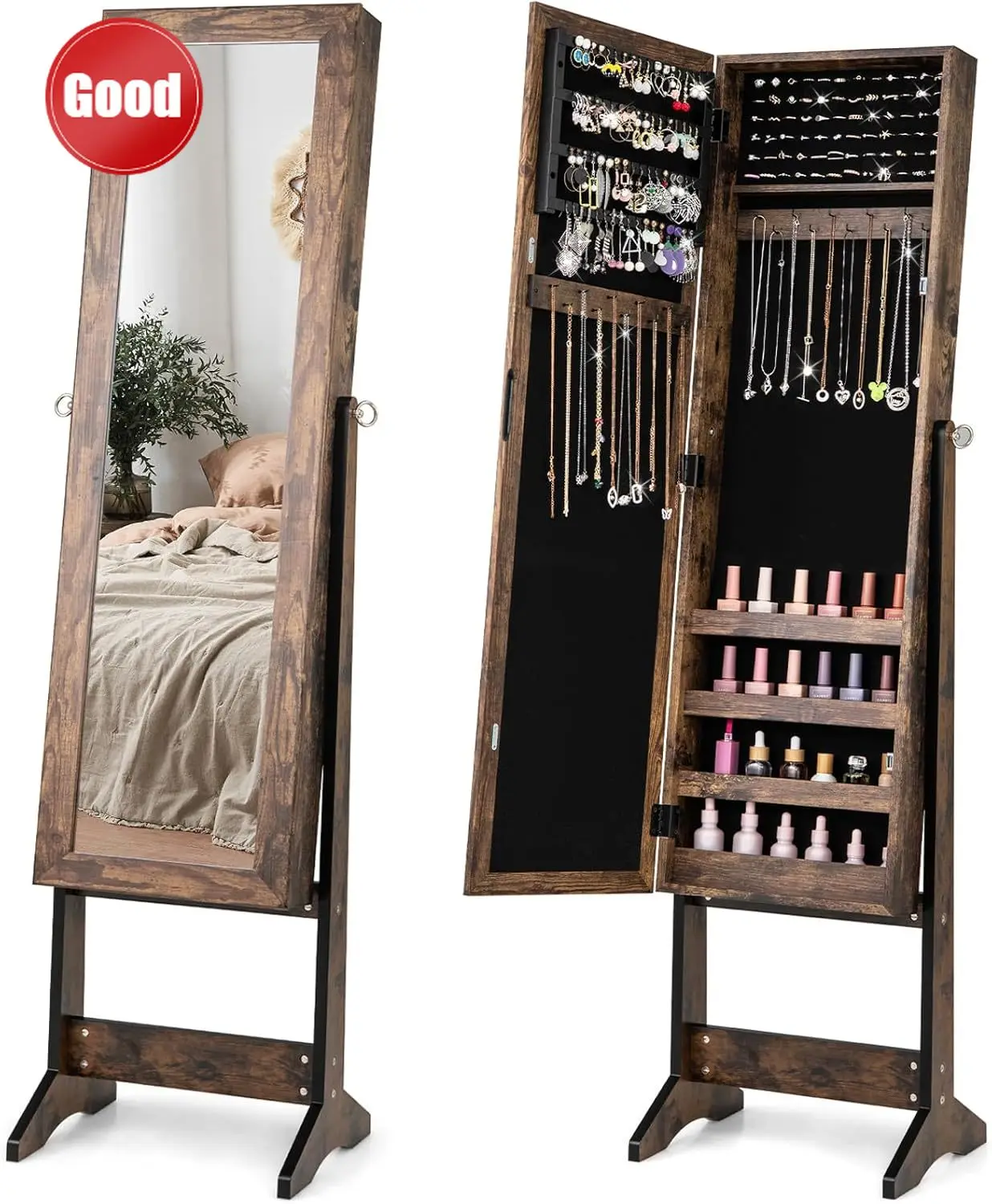 Cost-effective Jewelry Cabinet with Full-Length Mirror, Standing Jewelry Armoire Organizer with 64 Earring Slots, 20 Necklace Ho