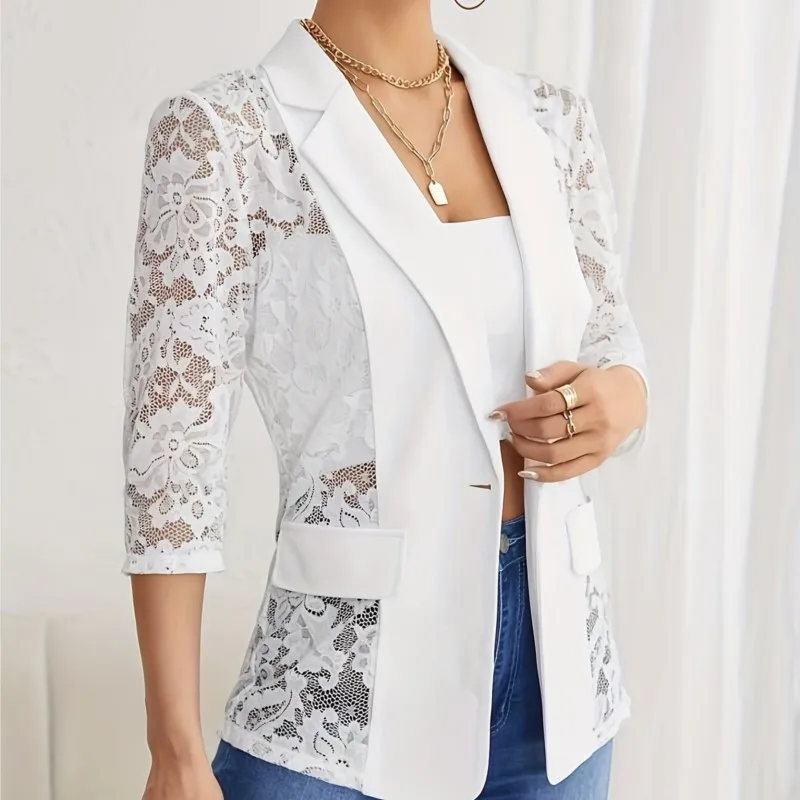 

Elegant Single Button Lace Spliced Suit Collar Jacket For Women Half Sleeved Lace Hollow Out Slim White Black Lightweight Coat