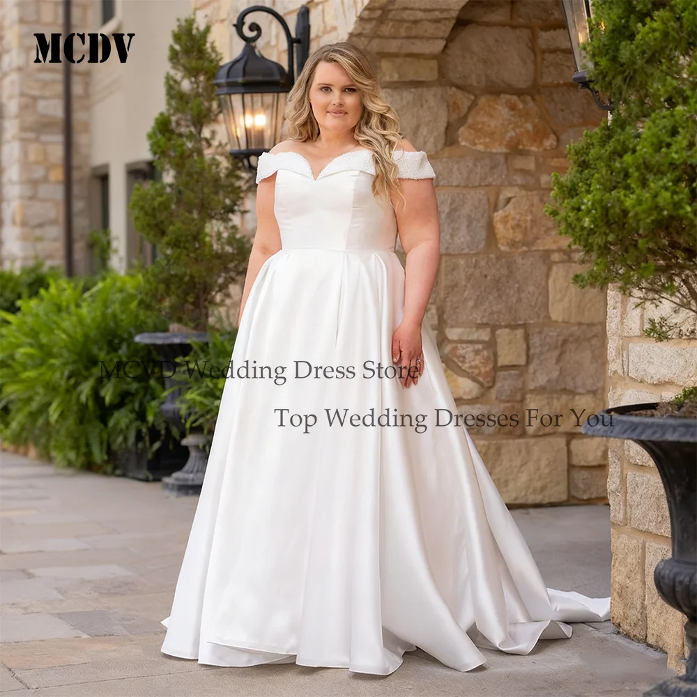 

MCDV Off Shoulder Beaded Wedding Dresses Plus Size Women Sweetheart A-Line Satin Bride Gowns Luxury vestido de novia Customized