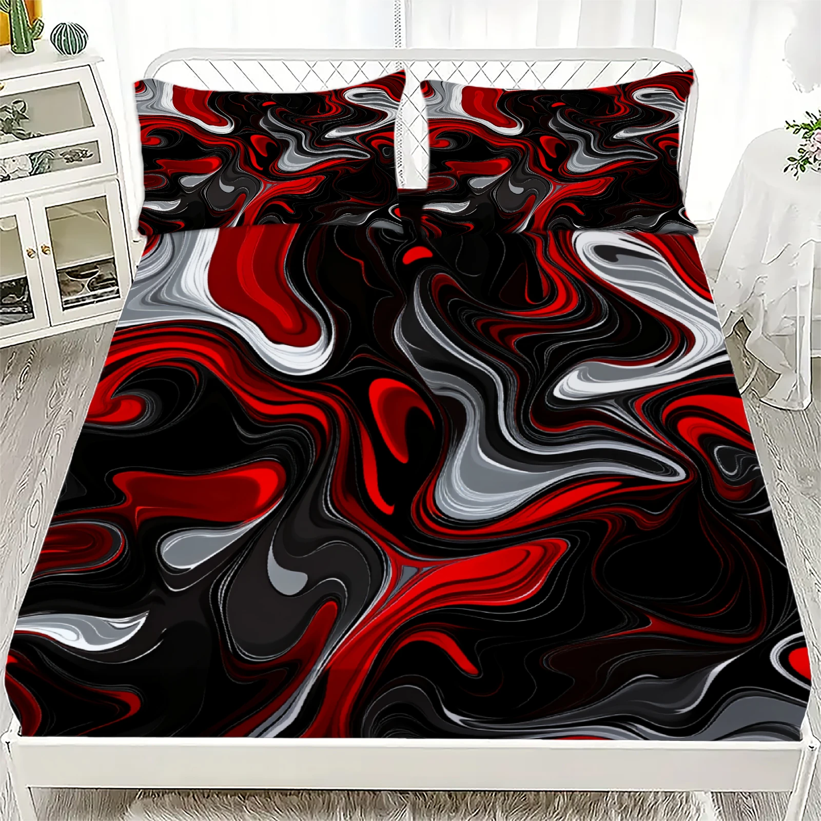 

3pcs Flat Sheet 3D Printed Abstract Red Black White Wave Pattern Fitted Sets With Pillowcases No Filling Modern Abstract Style