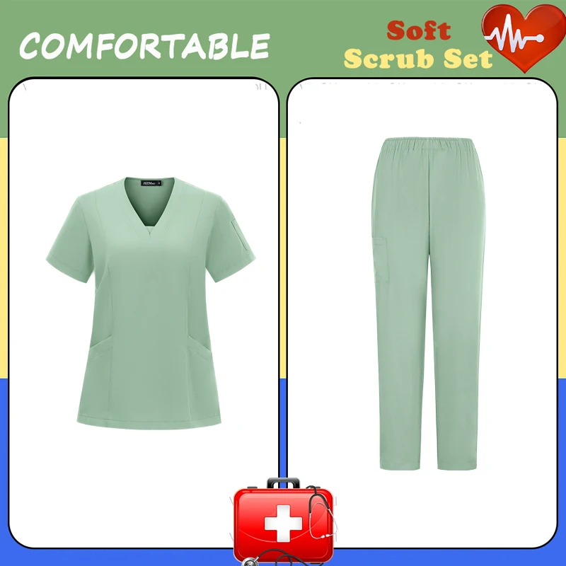 New Scrubs Set Medical Uniforms Stretch Scrub Tops with Pocket Pants Nurse Uniform Doctor Surgery Overalls Beauty Salon Workwear