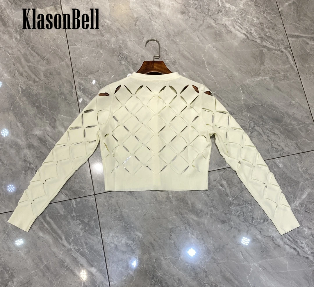 1.8 KlasonBell Temperament Hollow O-Neck Single Breasted Knit Cardigan Solid Color Elegant 2024 Spring Design Office Ladies