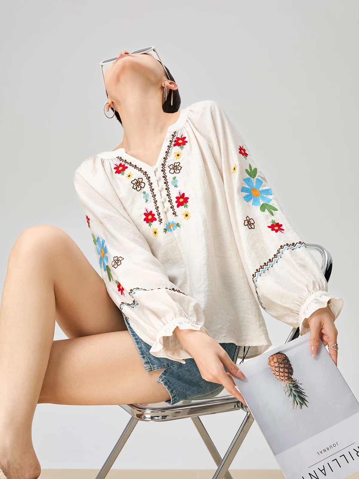 

Ele White Linen Embroidered Long Sve irt Women's Summer 2025 New Sle Casual Loose Fit V-Ne Faion Top