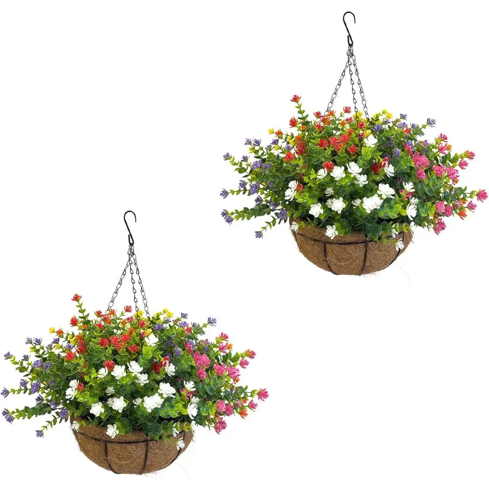 

Набор из 2 подвесных корзин с искусственными цветами в ассортименте цветов: желтый, фиолетовый, белый, оранжевый, розовый, красный, для использования на улице