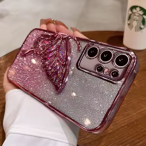 S24Ultra Case Luxury Quicksand Butterfly Glitter Case For Samsung Galaxy S24 23 22 Ultra Plus A05S 15 24 A55 25 Shockproof Cover