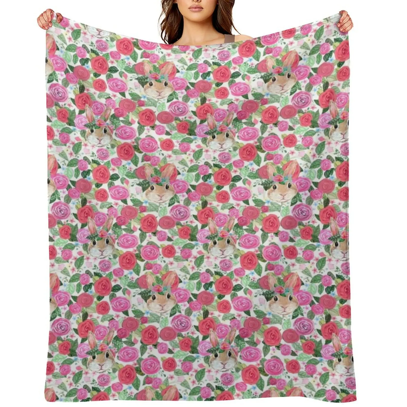 

Rabbit and pink roses Throw Blanket Summer Beddings Winter beds Weighted Flannel Blankets