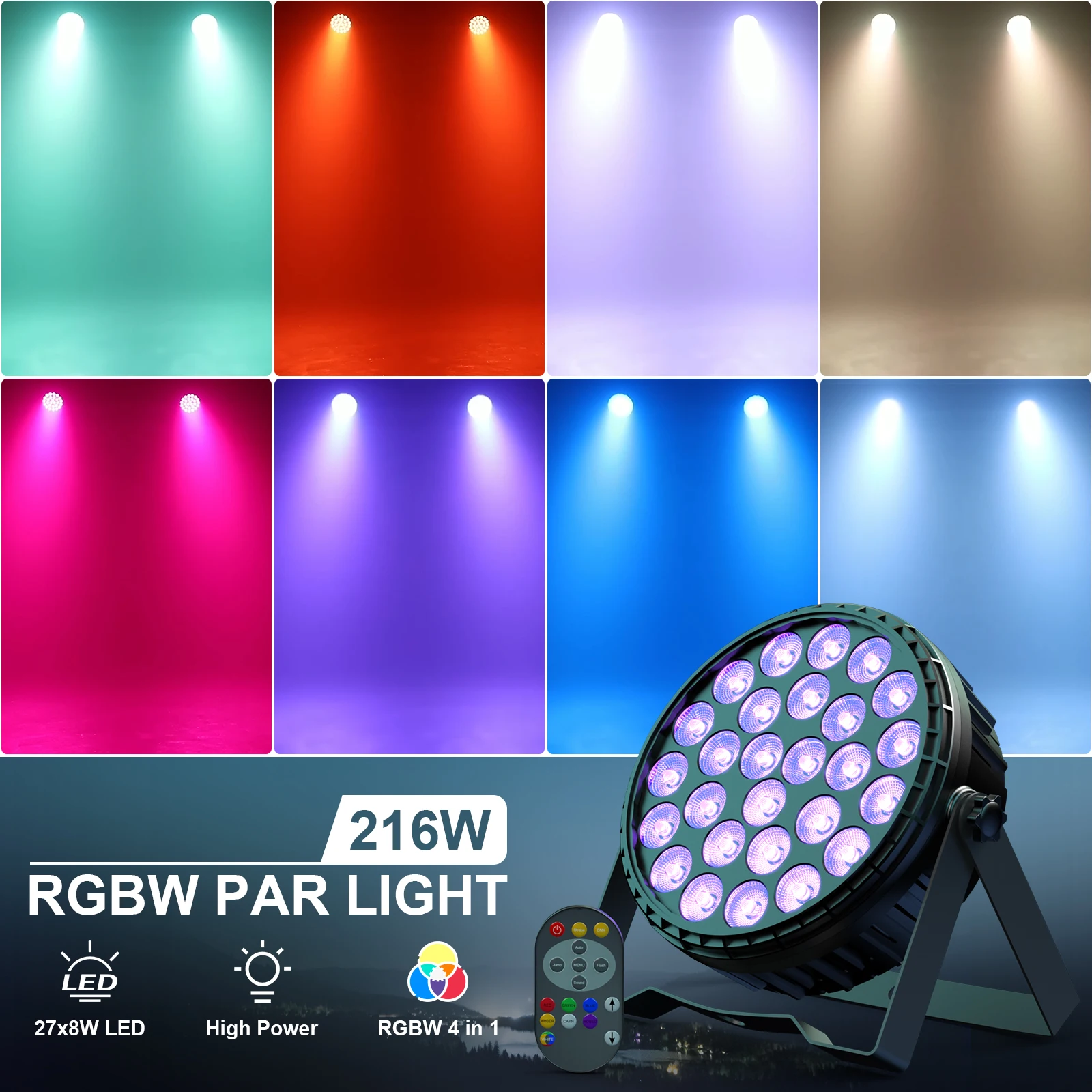 Yiflamefly 216W Par-Scheinwerfer 27X8W RGBW LED Bühneneffektbeleuchtung mit Fernbedienung & DMX512-Steuerung für KTV, Theater, Bar, Konzert, DJ-Party – Detail 1