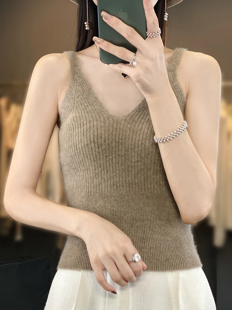 Sexy Vest Halter Tops Women's Sweater Camisole 100% Merino Wool Waistcoat Strappy Sleeveless Sweater Autumn Winter Vest Pullover